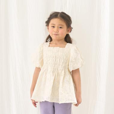 棉質蕾絲 泡泡袖 抽褶 女襯衫