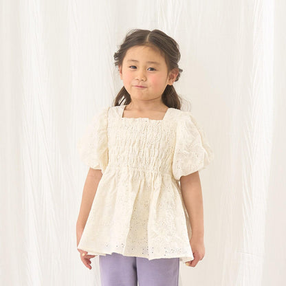 棉質蕾絲 泡泡袖 抽褶 女襯衫