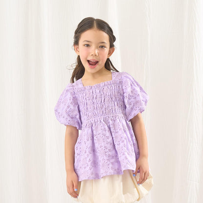 棉質蕾絲 泡泡袖 抽褶 女襯衫