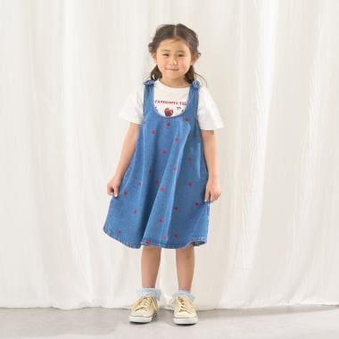 ともデニ 拼色刺繡滿印 傘擺連衣裙