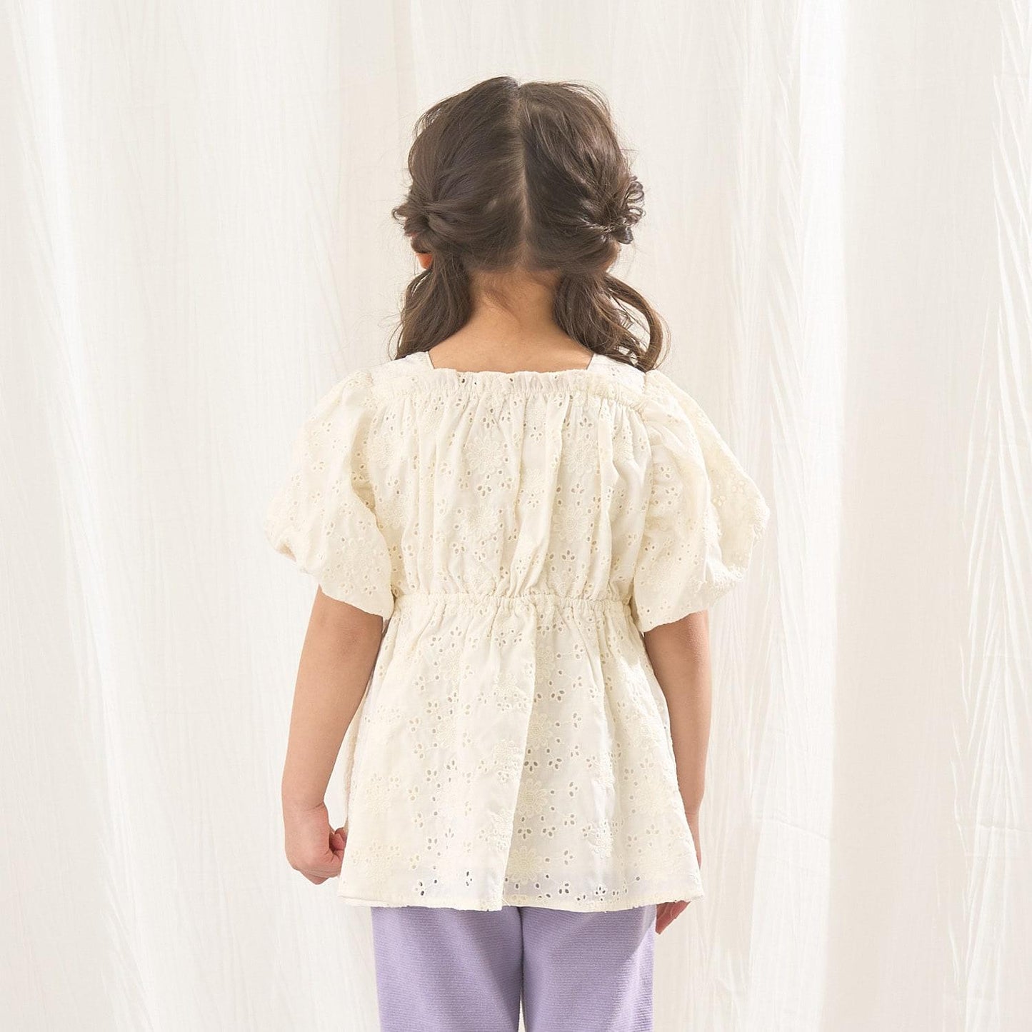 棉質蕾絲 泡泡袖 抽褶 女襯衫