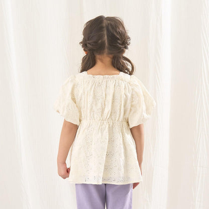 棉質蕾絲 泡泡袖 抽褶 女襯衫