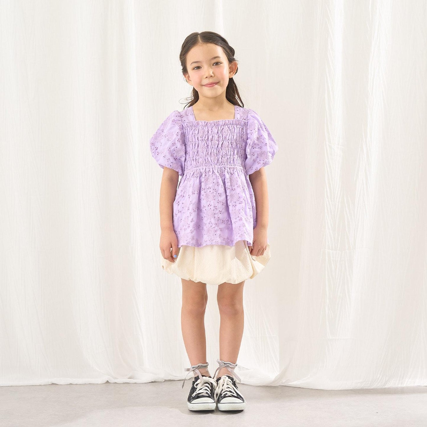 棉質蕾絲 泡泡袖 抽褶 女襯衫