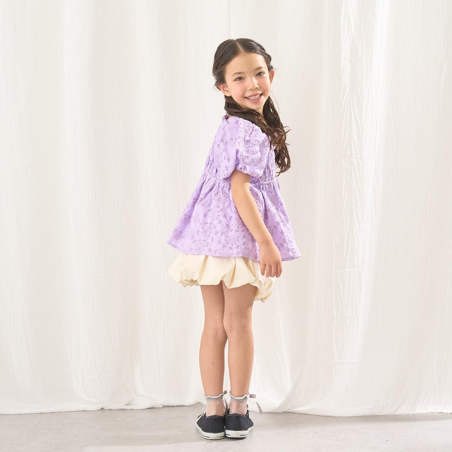 棉質蕾絲 泡泡袖 抽褶 女襯衫