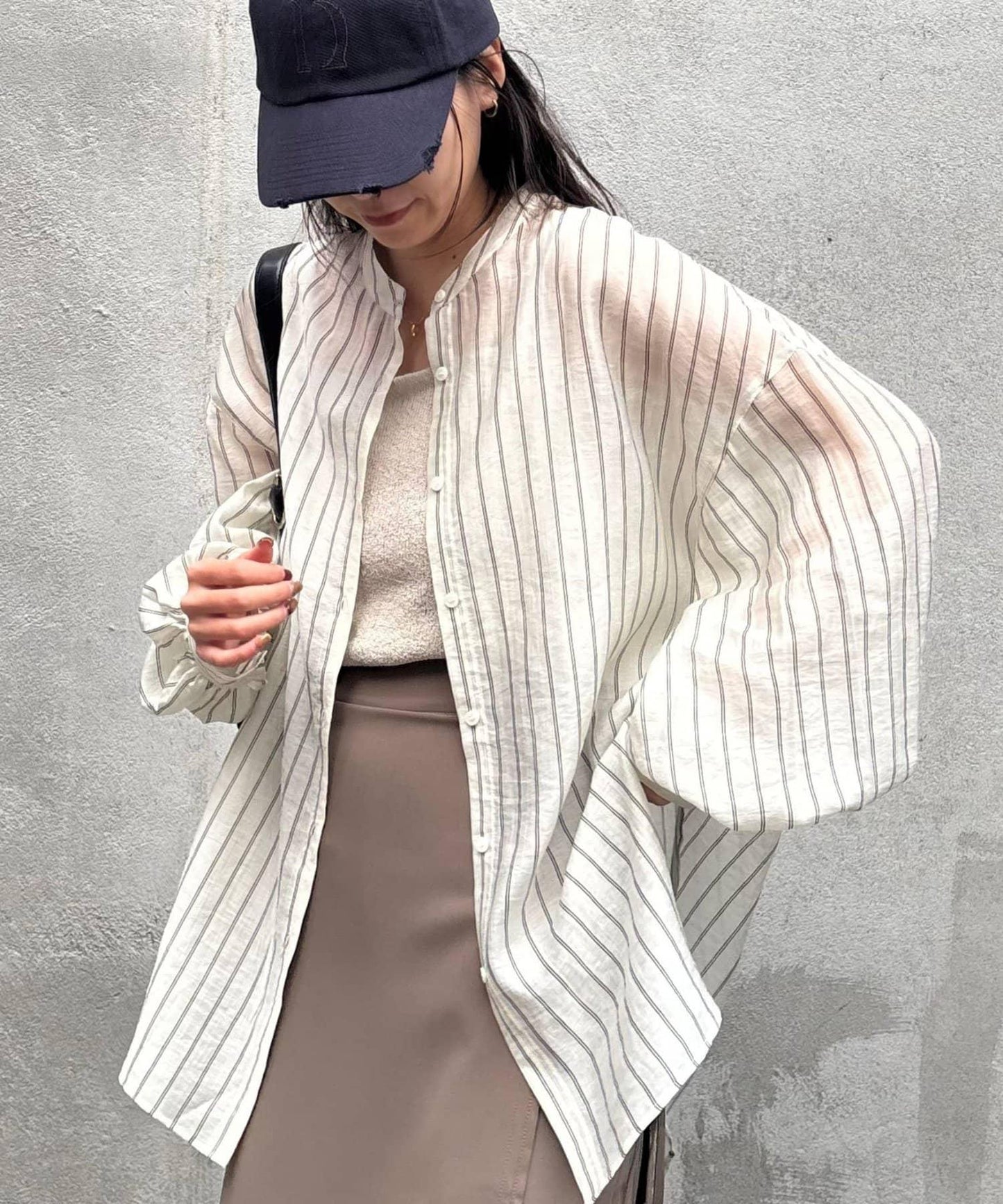 條紋透視立領長袖襯衫