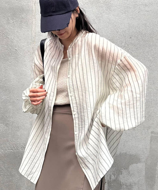條紋透視立領長袖襯衫