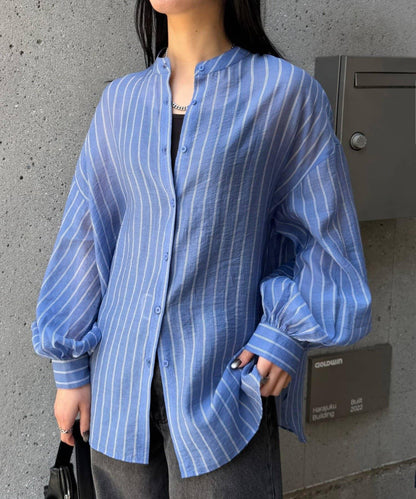 條紋透視立領長袖襯衫