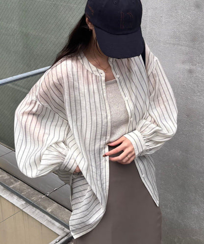 條紋透視立領長袖襯衫