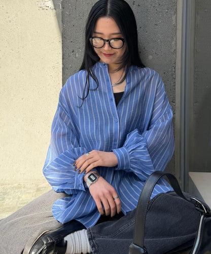 條紋透視立領長袖襯衫