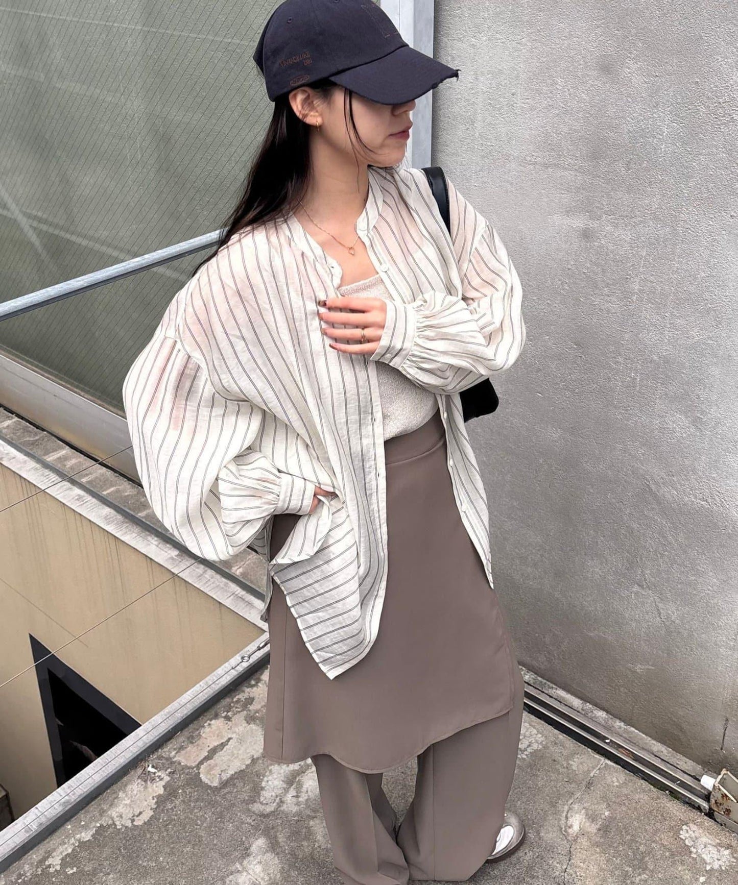 條紋透視立領長袖襯衫