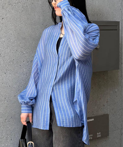 條紋透視立領長袖襯衫