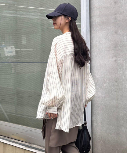 條紋透視立領長袖襯衫
