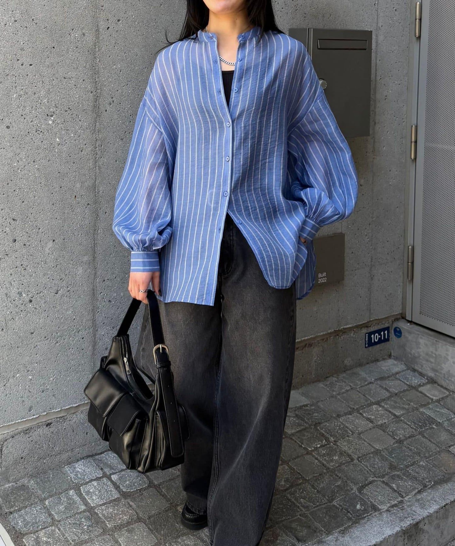 條紋透視立領長袖襯衫