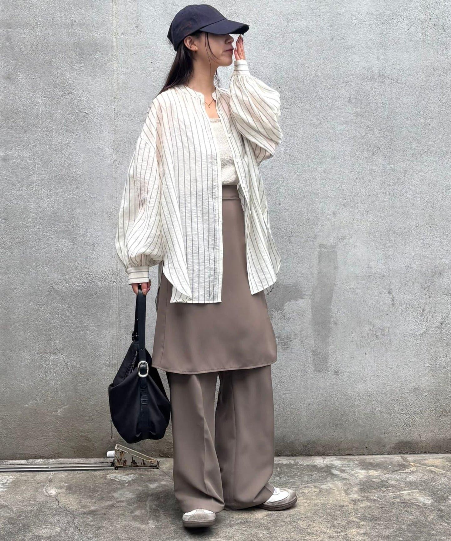 條紋透視立領長袖襯衫