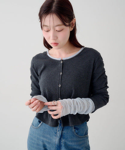 袖部網紗羅紋針織開衫