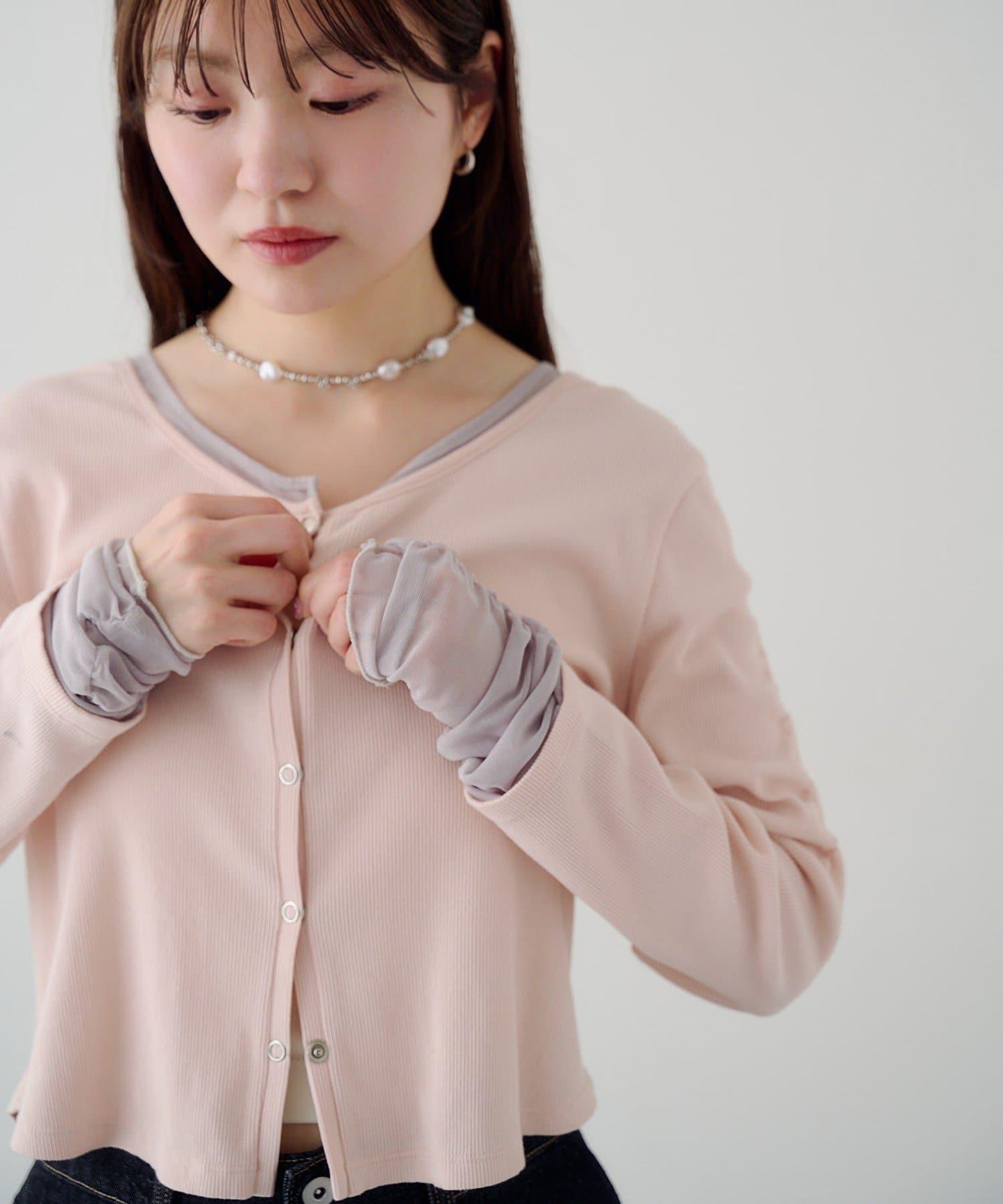 袖部網紗羅紋針織開衫