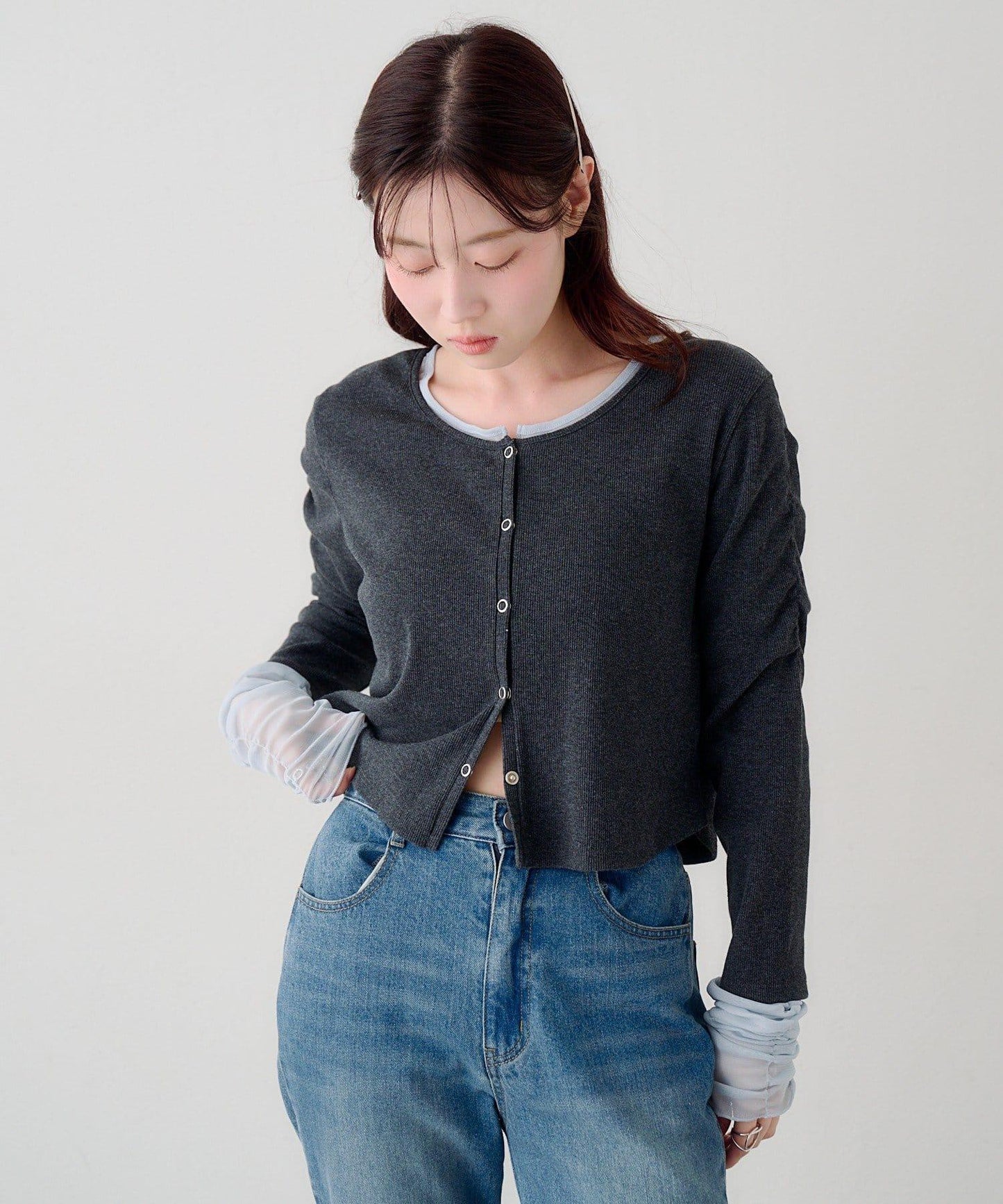 袖部網紗羅紋針織開衫