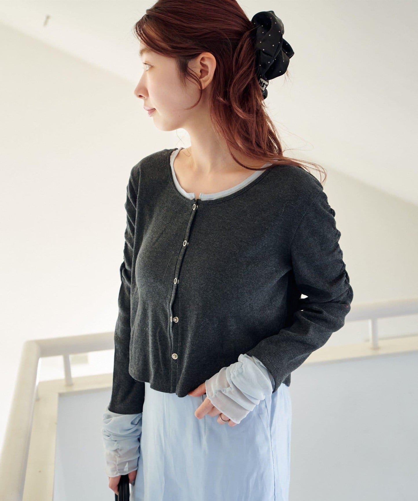 袖部網紗羅紋針織開衫