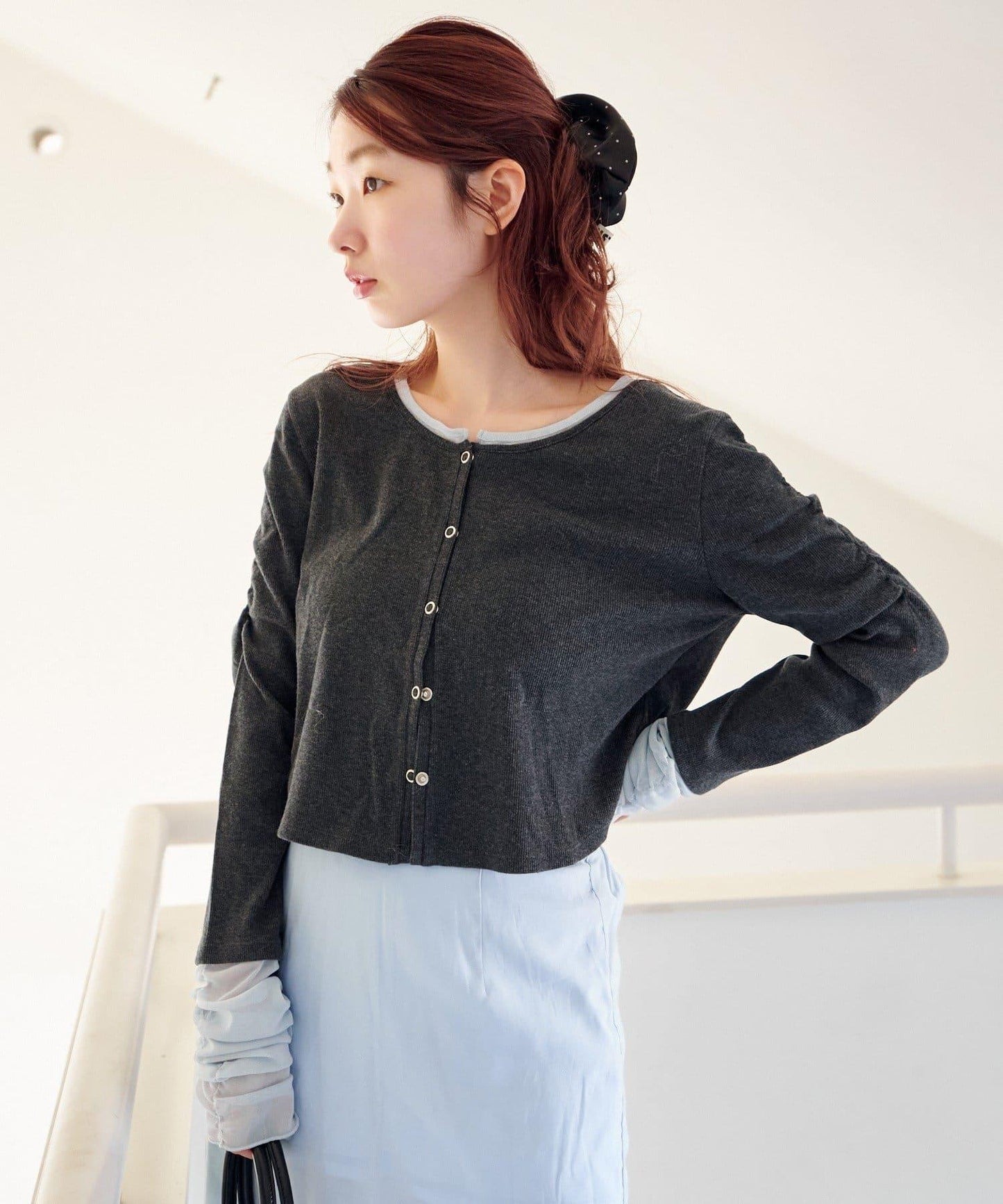 袖部網紗羅紋針織開衫