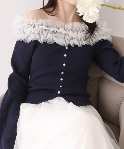 one after another 露肩網紗荷葉邊 針織上衣