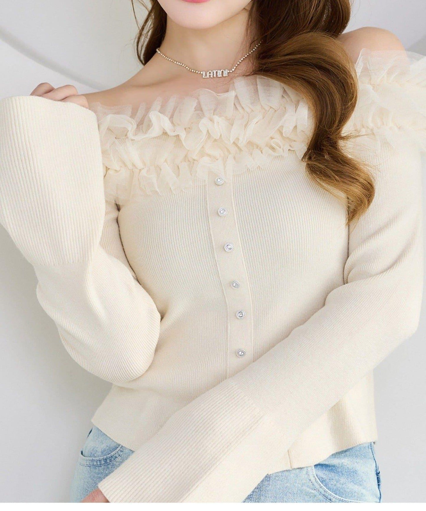 one after another 露肩網紗荷葉邊 針織上衣