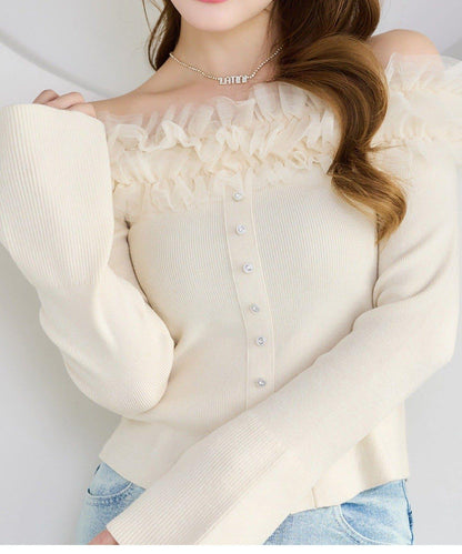 one after another 露肩網紗荷葉邊 針織上衣