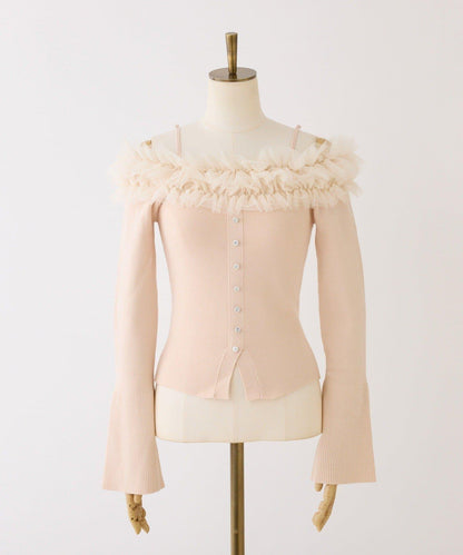 one after another 露肩網紗荷葉邊 針織上衣