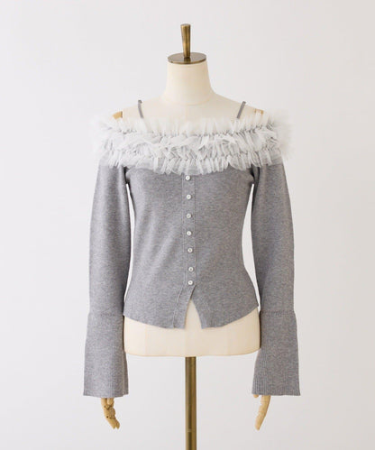 one after another 露肩網紗荷葉邊 針織上衣