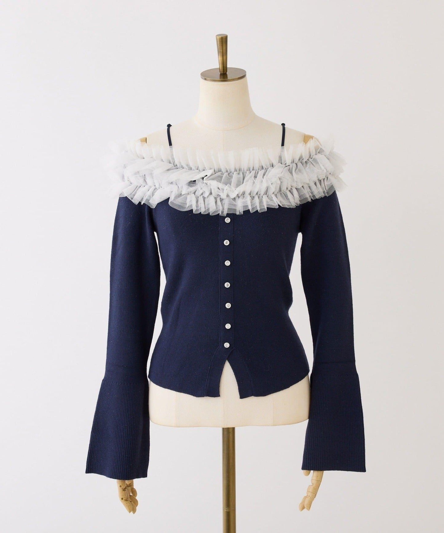 one after another 露肩網紗荷葉邊 針織上衣