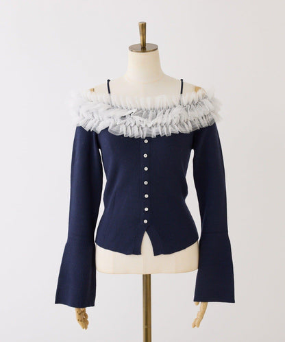 one after another 露肩網紗荷葉邊 針織上衣