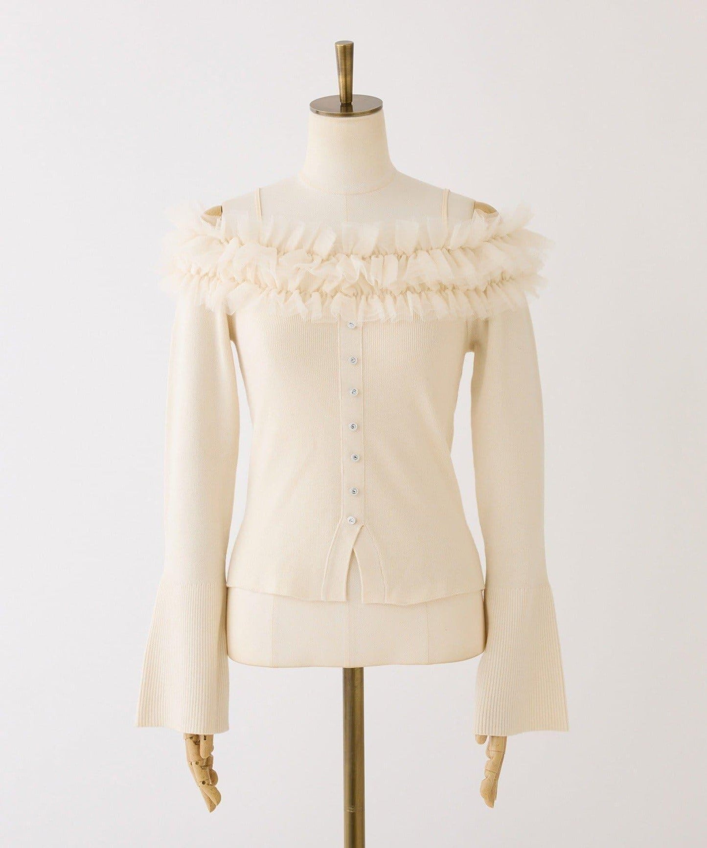 one after another 露肩網紗荷葉邊 針織上衣