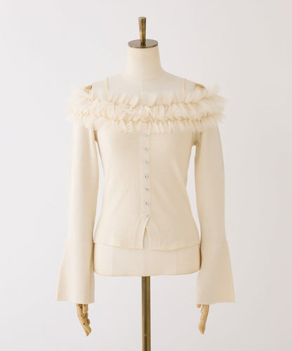 one after another 露肩網紗荷葉邊 針織上衣