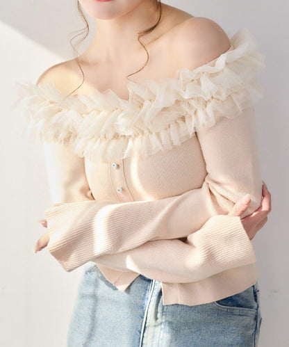 one after another 露肩網紗荷葉邊 針織上衣