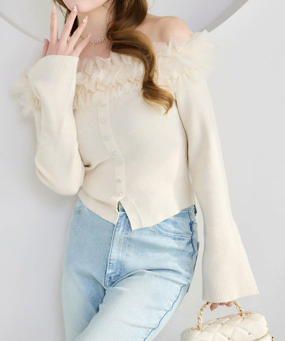 one after another 露肩網紗荷葉邊 針織上衣