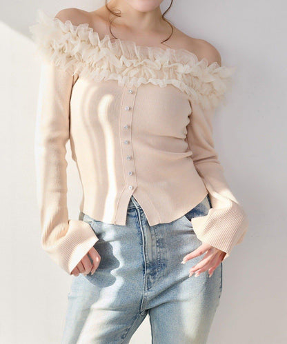 one after another 露肩網紗荷葉邊 針織上衣