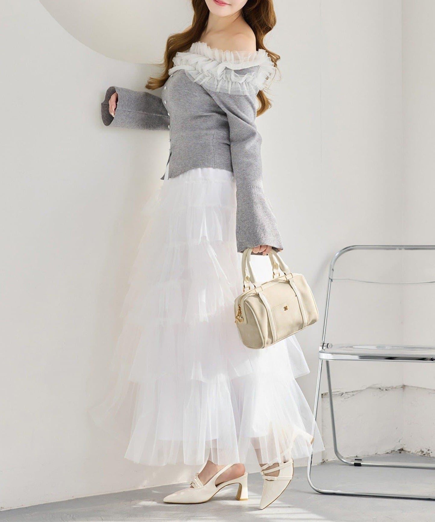 one after another 露肩網紗荷葉邊 針織上衣