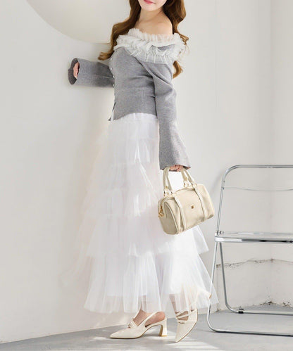 one after another 露肩網紗荷葉邊 針織上衣