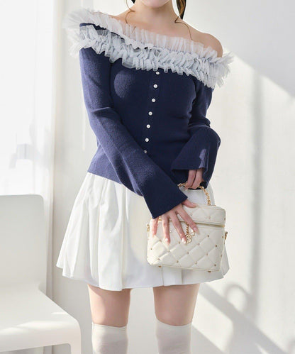 one after another 露肩網紗荷葉邊 針織上衣