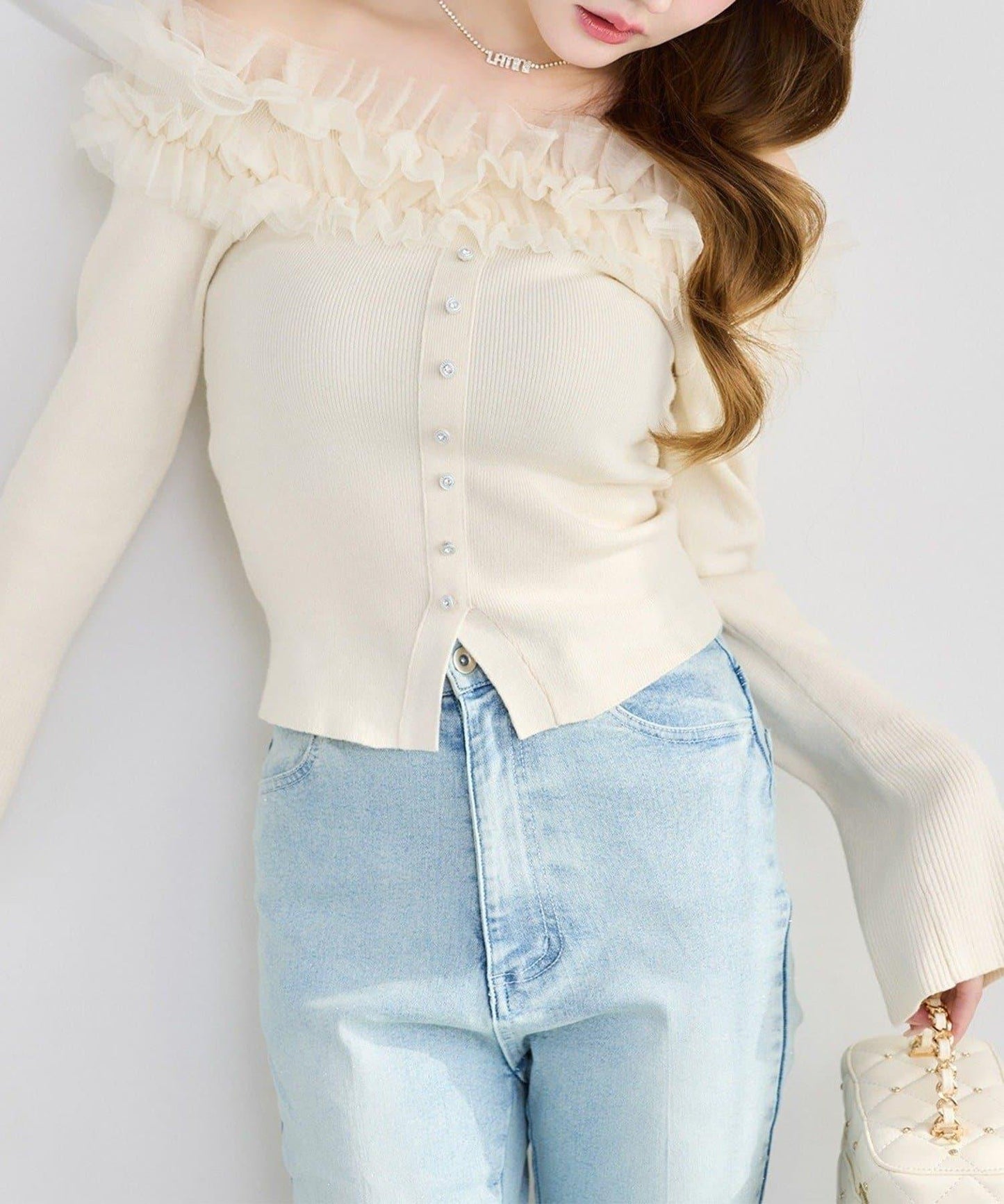 one after another 露肩網紗荷葉邊 針織上衣