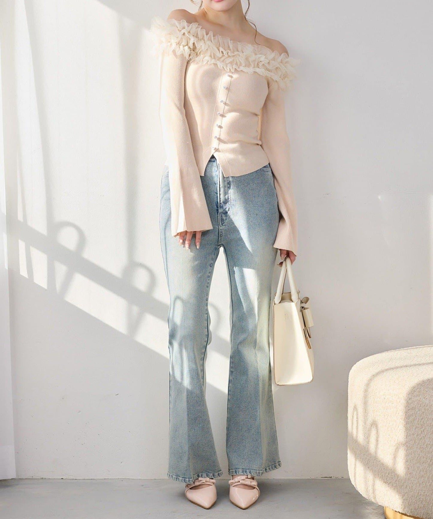 one after another 露肩網紗荷葉邊 針織上衣