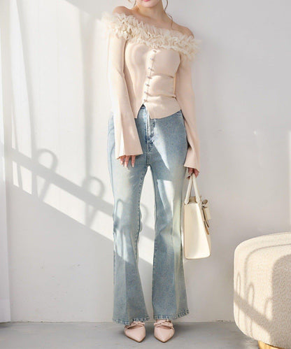 one after another 露肩網紗荷葉邊 針織上衣