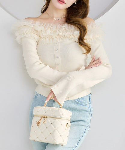 one after another 露肩網紗荷葉邊 針織上衣