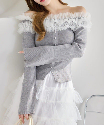 one after another 露肩網紗荷葉邊 針織上衣