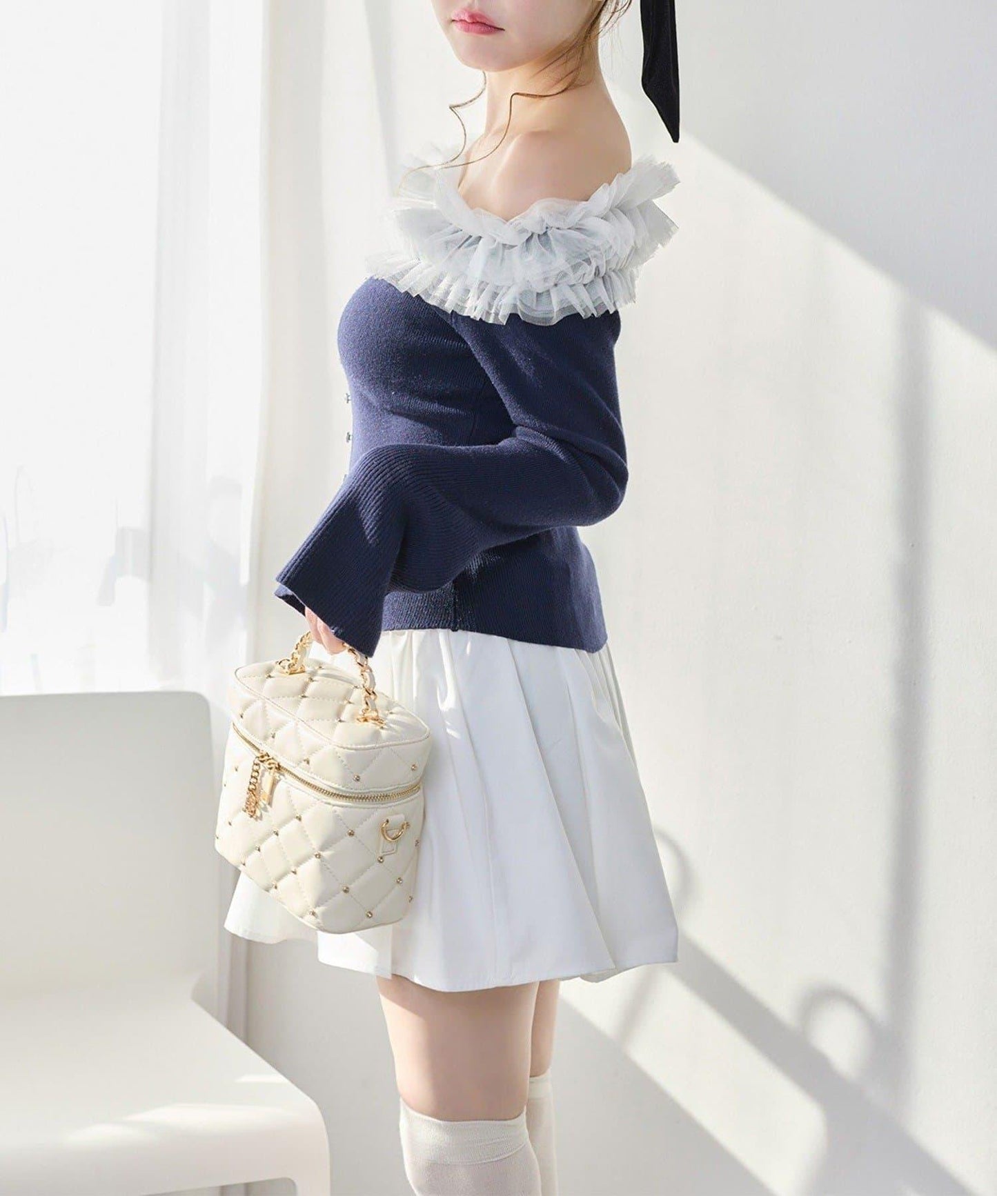 one after another 露肩網紗荷葉邊 針織上衣