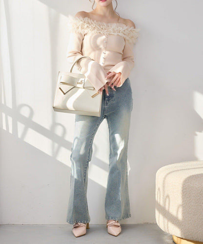 one after another 露肩網紗荷葉邊 針織上衣