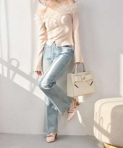 one after another 露肩網紗荷葉邊 針織上衣