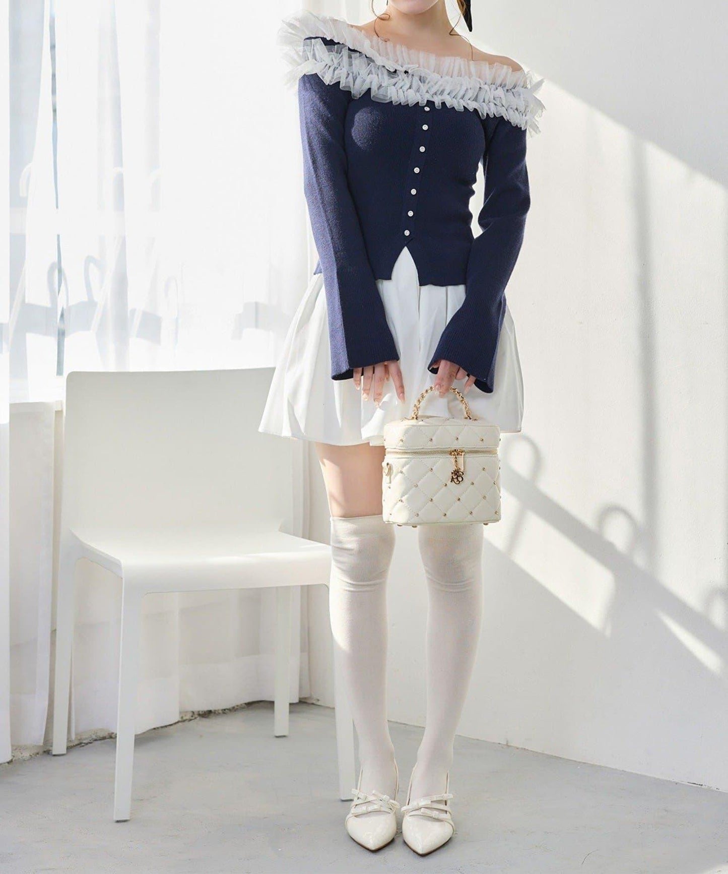 one after another 露肩網紗荷葉邊 針織上衣