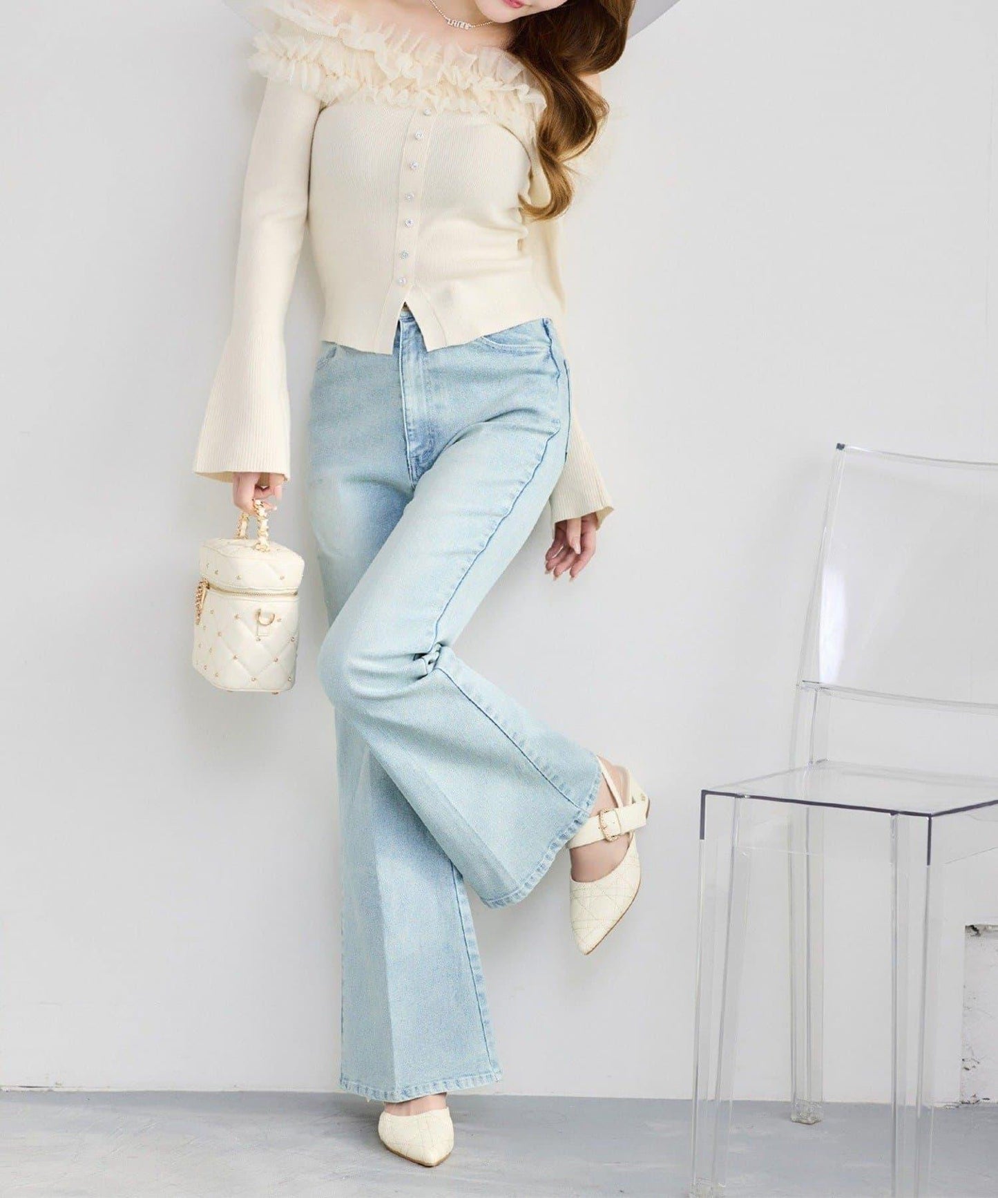 one after another 露肩網紗荷葉邊 針織上衣