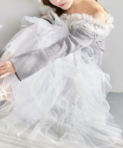 one after another 露肩網紗荷葉邊 針織上衣