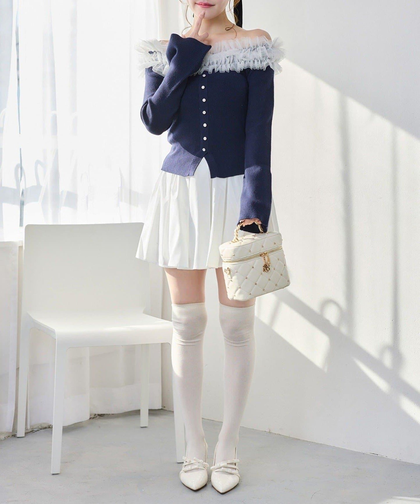 one after another 露肩網紗荷葉邊 針織上衣